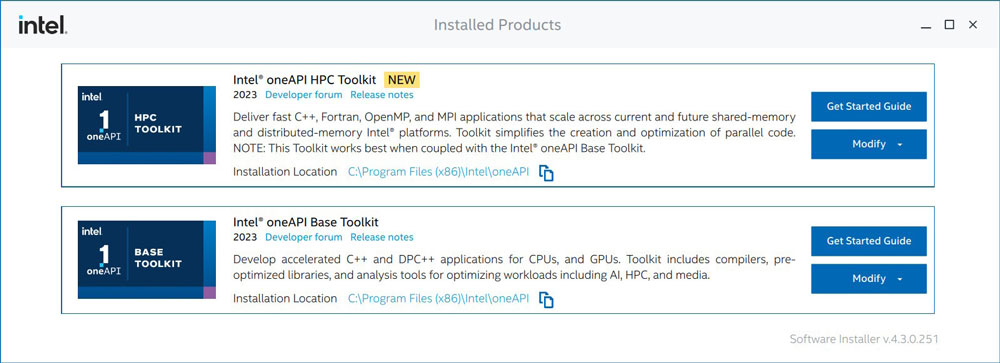 installed products intel oneapi