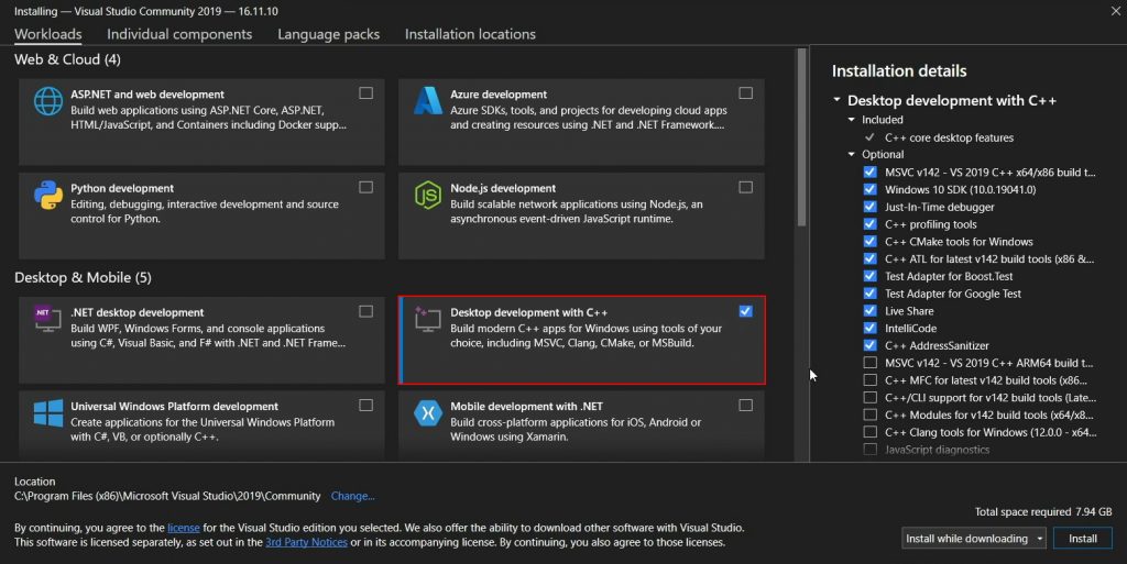 install visual studio community with c++