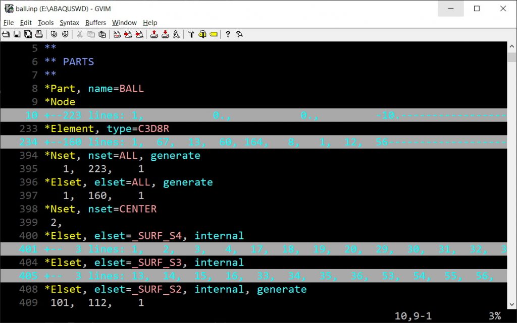 Custom look of an Abaqus input file in Vim