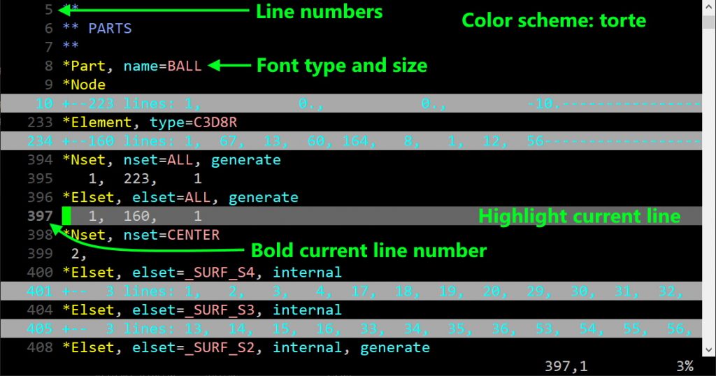 Customization of vim to edit Abaqus input files